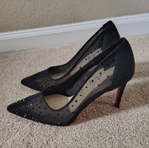 Christian Louboutin Black Mesh Crystal-Embellished Pointed Pumps - Picture 2 of 7